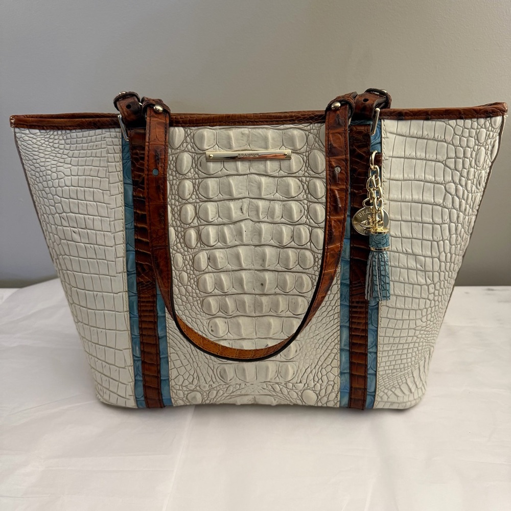 BRAHMIN HANDBAG, Medium Asher - Coconut Soraya Leather Tote Handbag, VERY GOOD.